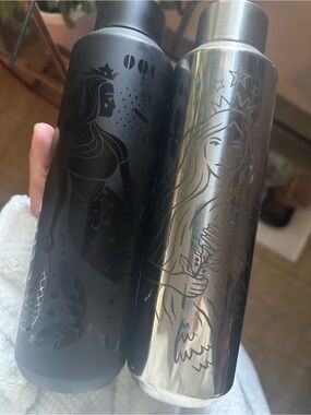 Set of Two Illustrated Stainless Steel Water Bottles - Black & Silver